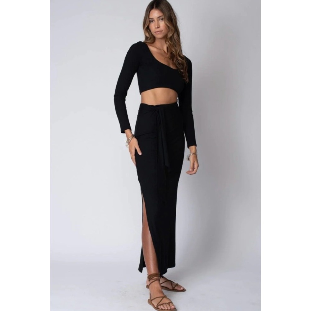 Stillwater Black Ribbed Knit Cutout Maxi Dress Long Sleeve Tie Waist womens